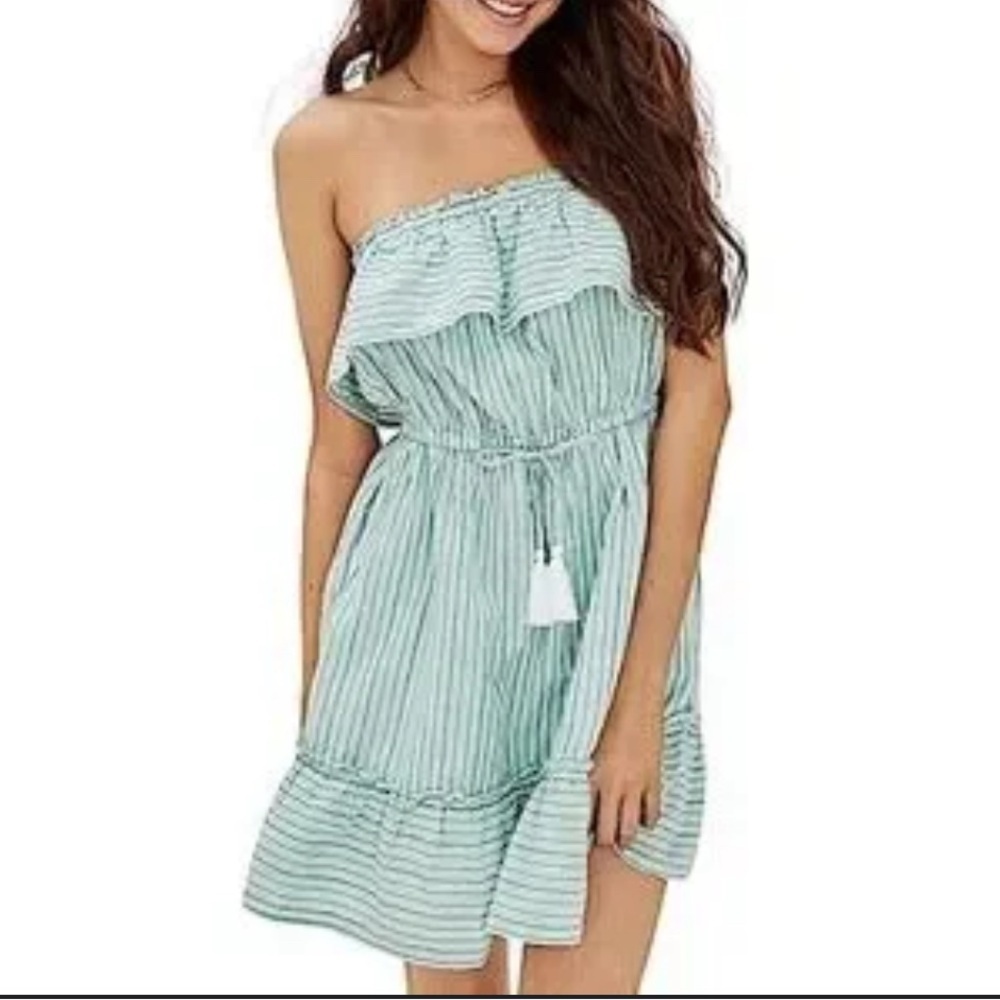 American Eagle Green White Stretch Strapless Fit & Flare Dress - Size Small